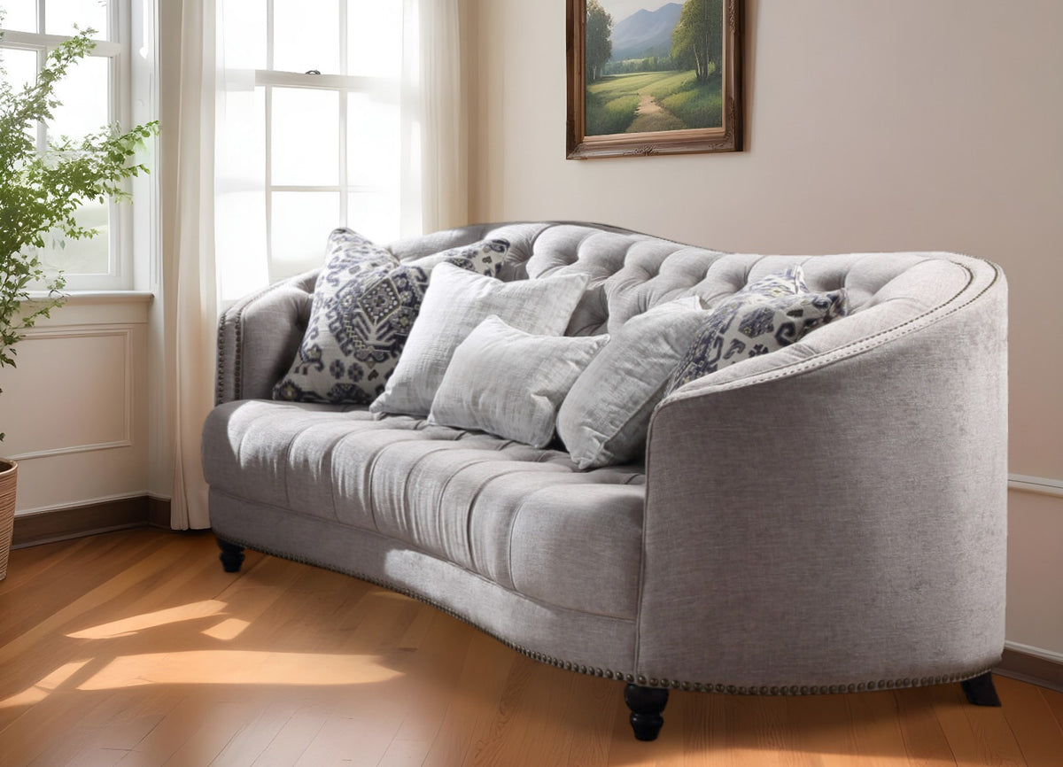 95" Light Gray Linen Sofa And Toss Pillows With Black Legs