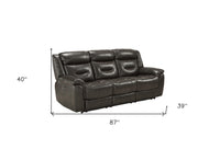 87" Gray Faux Leather Reclining USB Sofa With Black Legs