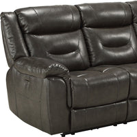 87" Gray Faux Leather Reclining USB Sofa With Black Legs