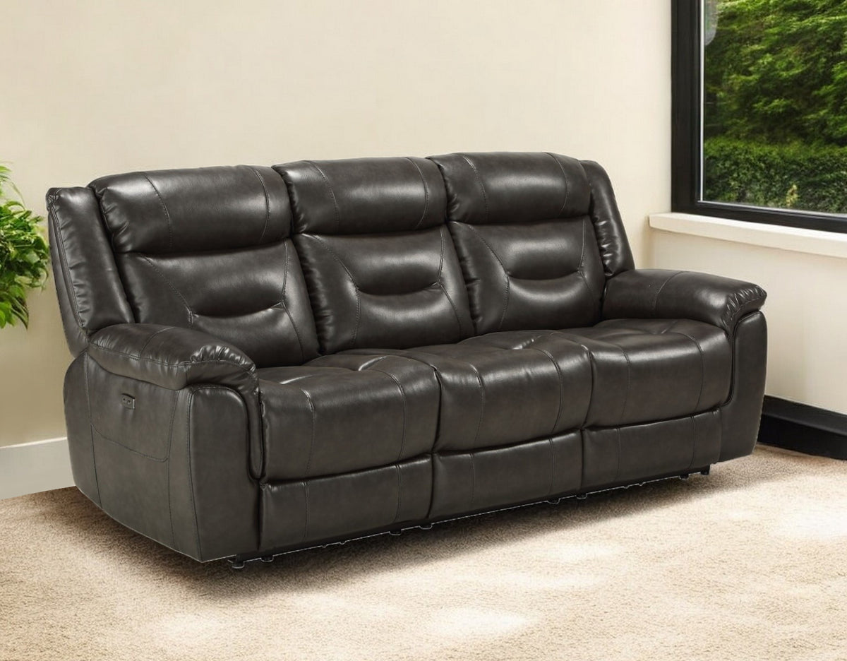 87" Gray Faux Leather Reclining USB Sofa With Black Legs