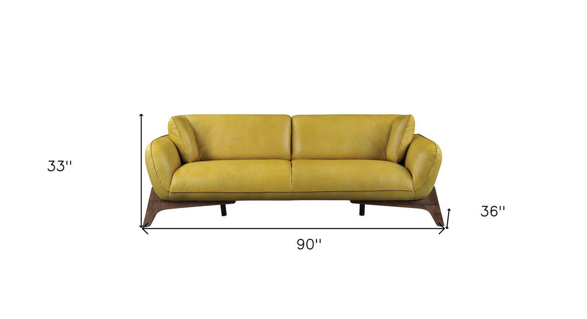 90" Mustard Leather Sofa With Black Legs