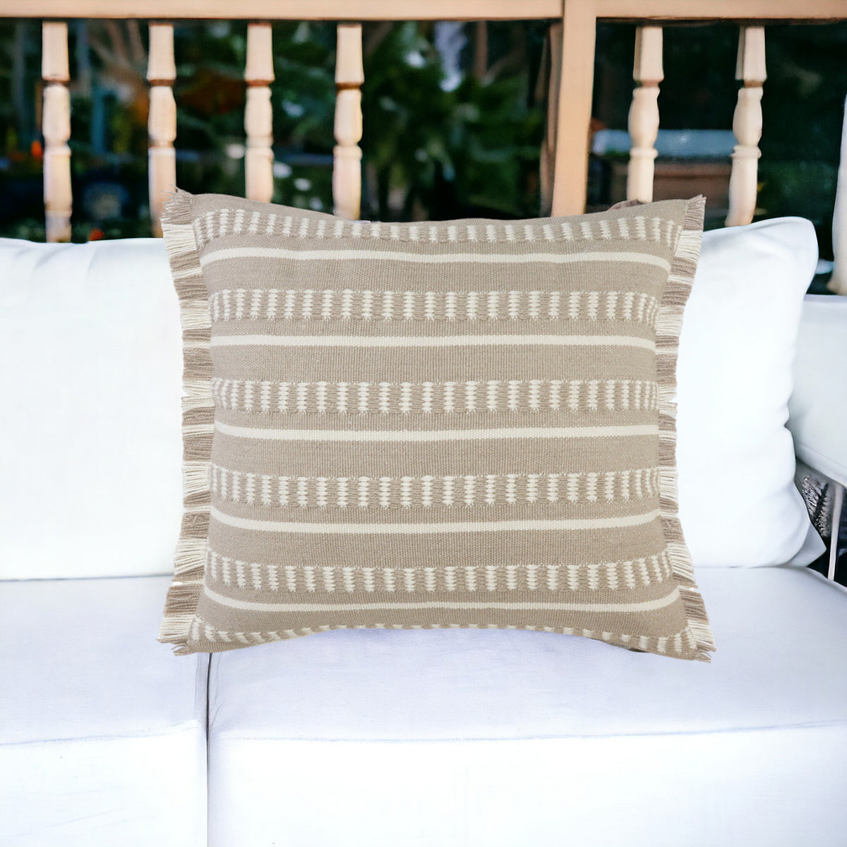 20" Blue and White Striped Indoor Outdoor Throw Pillow With Fringe