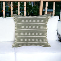 20" Blue and White Striped Indoor Outdoor Throw Pillow With Fringe