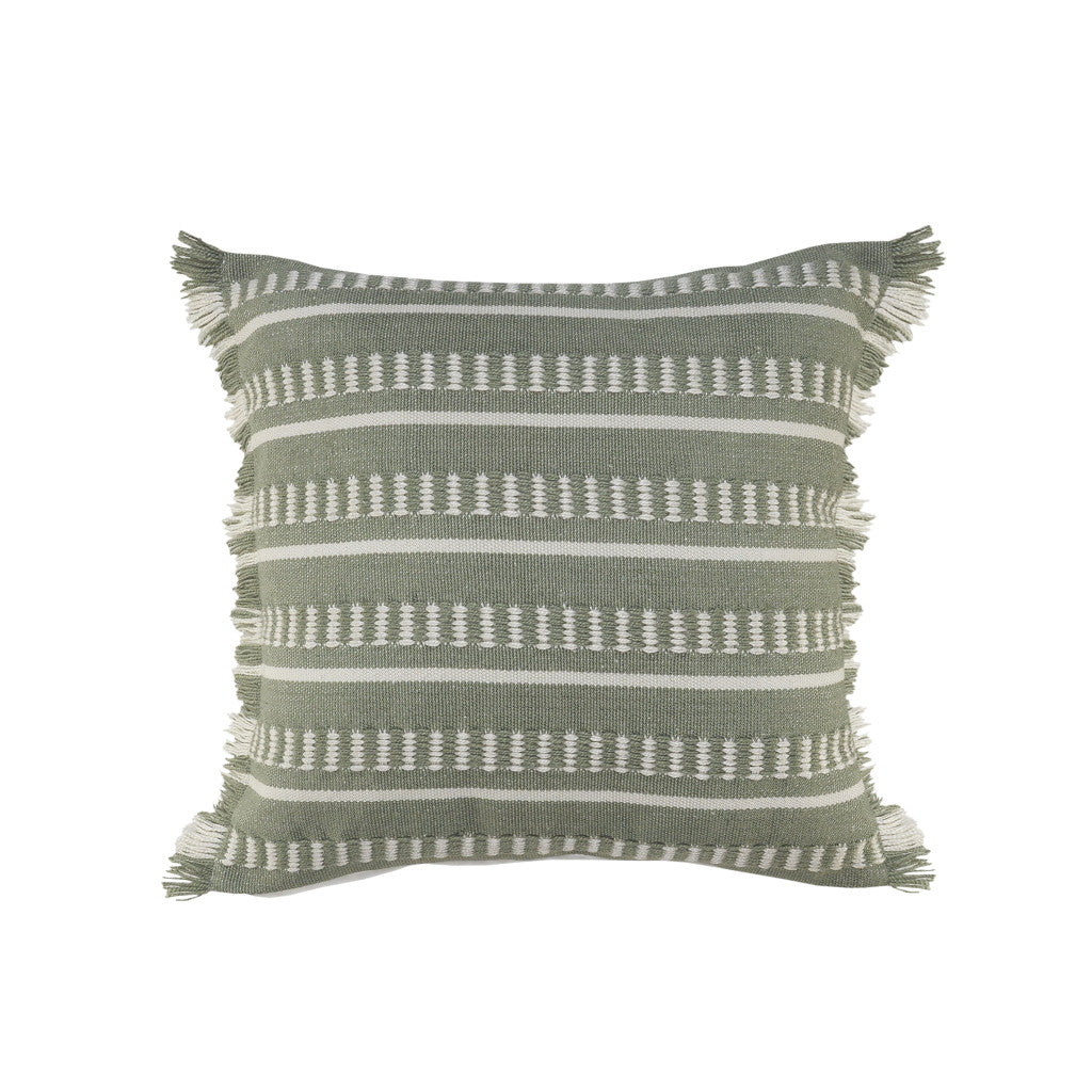 20" Blue and White Striped Indoor Outdoor Throw Pillow With Fringe