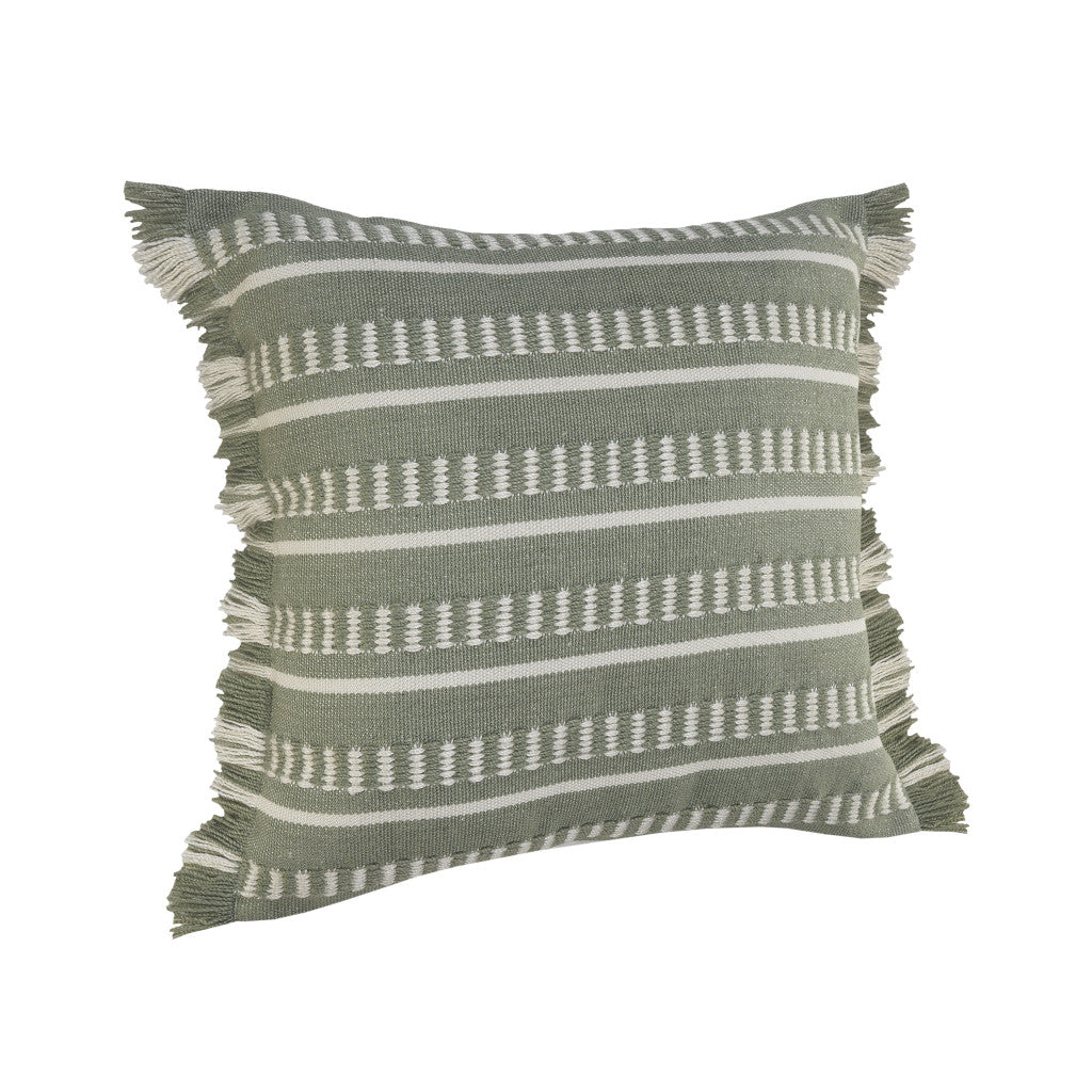 20" Blue and White Striped Indoor Outdoor Throw Pillow With Fringe