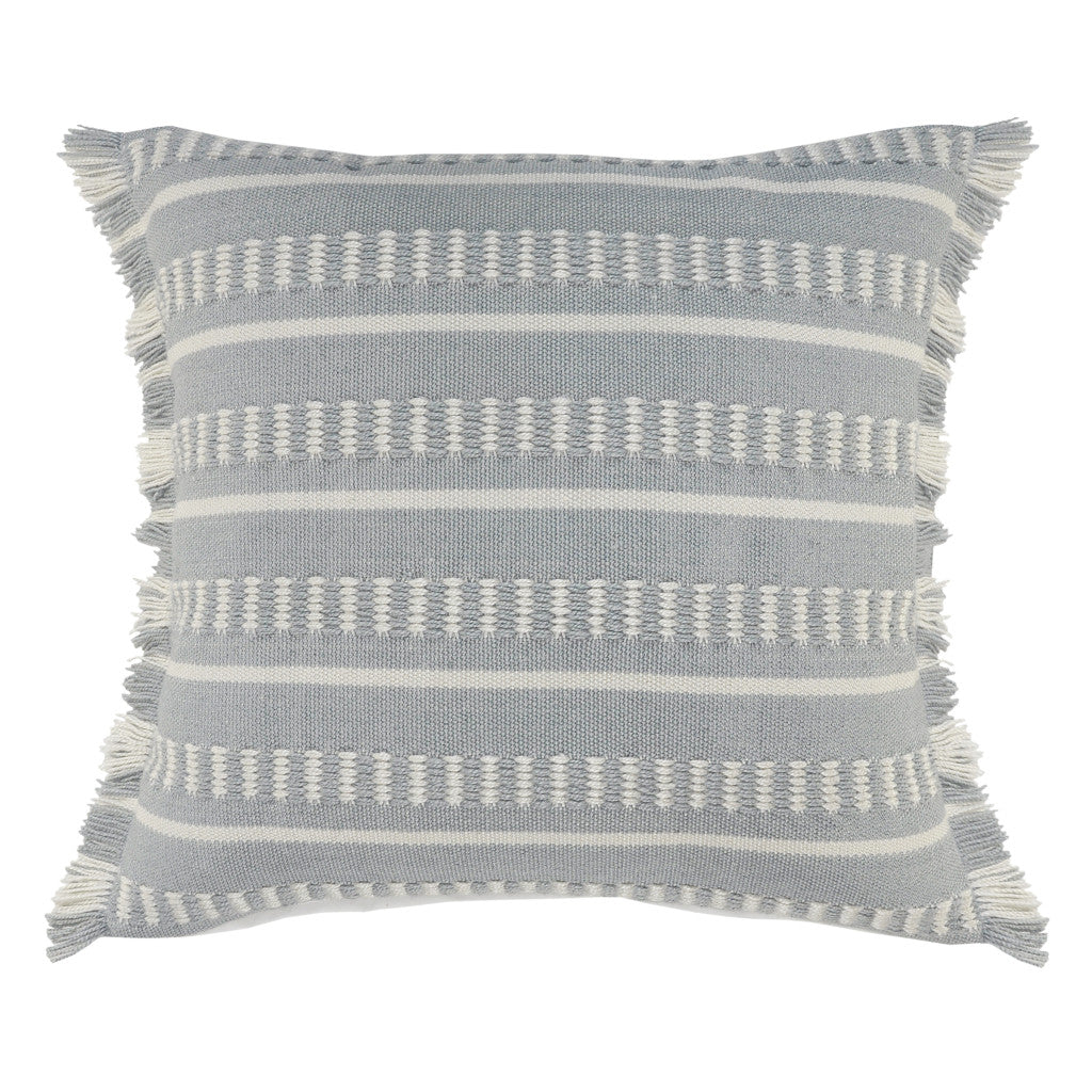 20" Blue and White Striped Indoor Outdoor Throw Pillow With Fringe