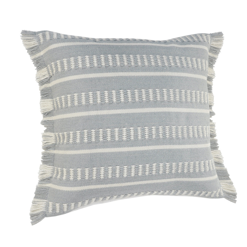 20" Blue and White Striped Indoor Outdoor Throw Pillow With Fringe