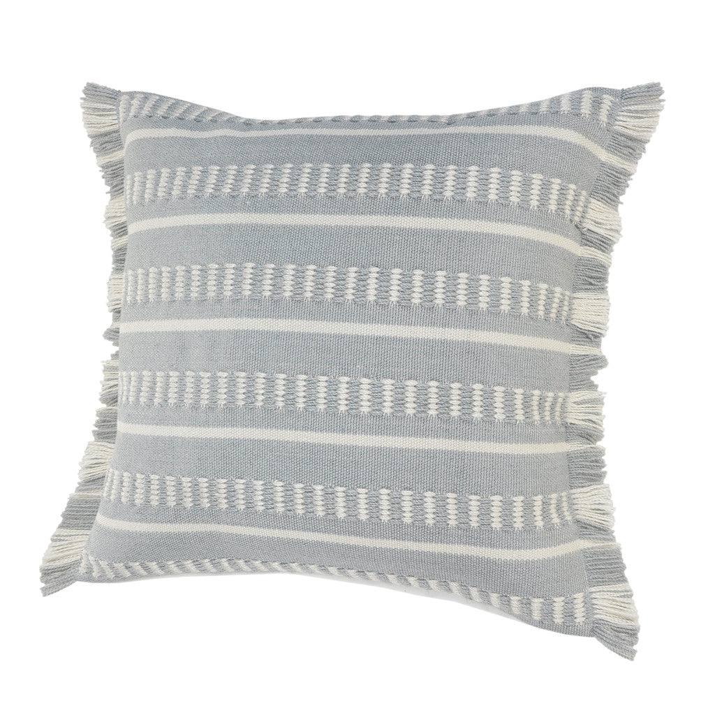 20" Blue and White Striped Indoor Outdoor Throw Pillow With Fringe