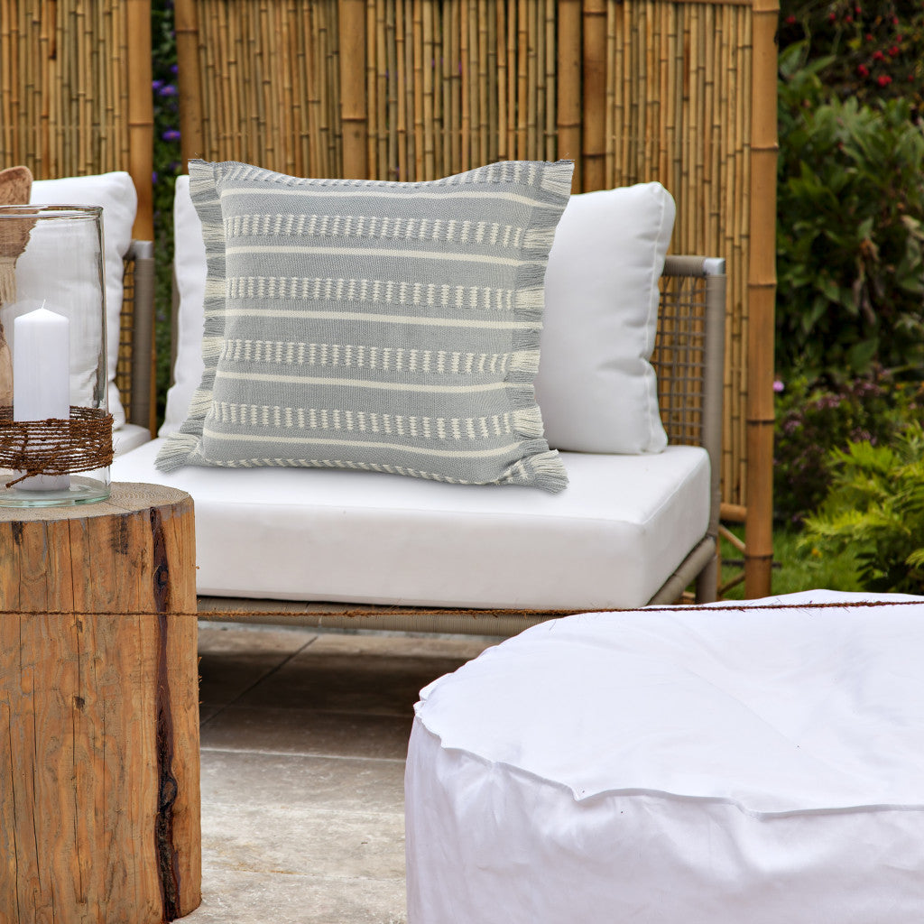 20" Blue and White Striped Indoor Outdoor Throw Pillow With Fringe