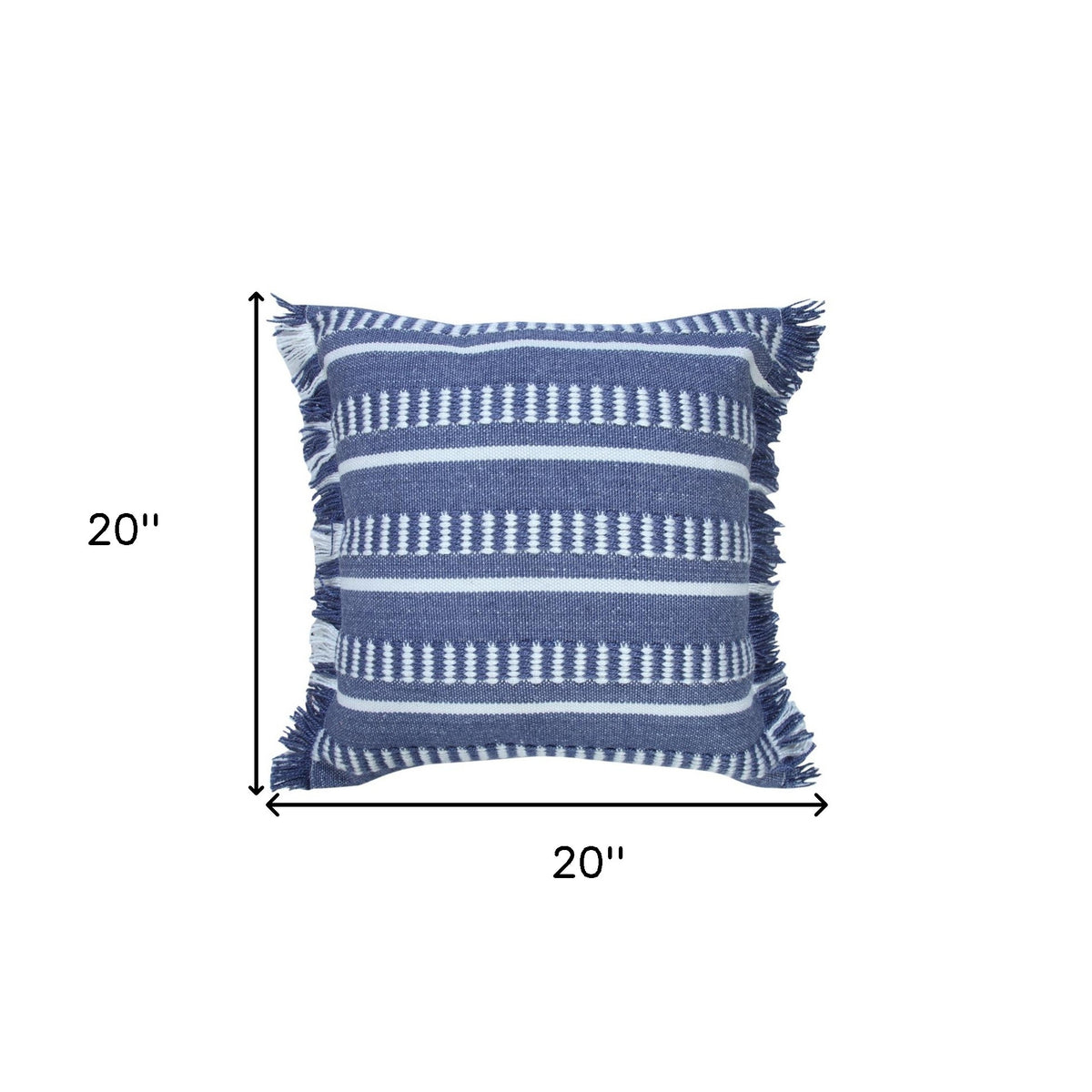 20" Blue and White Striped Indoor Outdoor Throw Pillow With Fringe