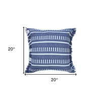 20" Blue and White Striped Indoor Outdoor Throw Pillow With Fringe