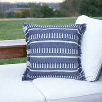 20" Blue and White Striped Indoor Outdoor Throw Pillow With Fringe