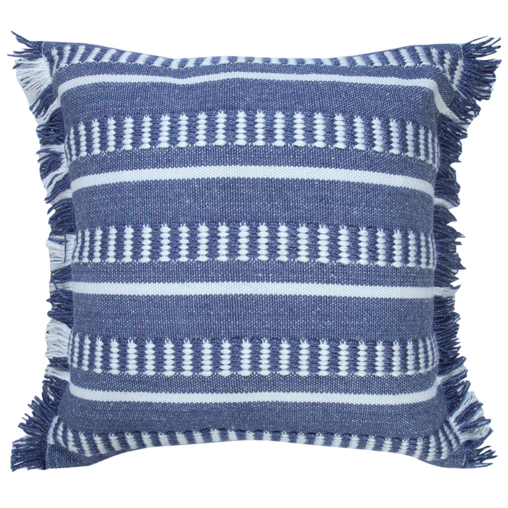 20" Blue and White Striped Indoor Outdoor Throw Pillow With Fringe