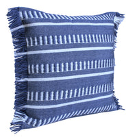 20" Blue and White Striped Indoor Outdoor Throw Pillow With Fringe