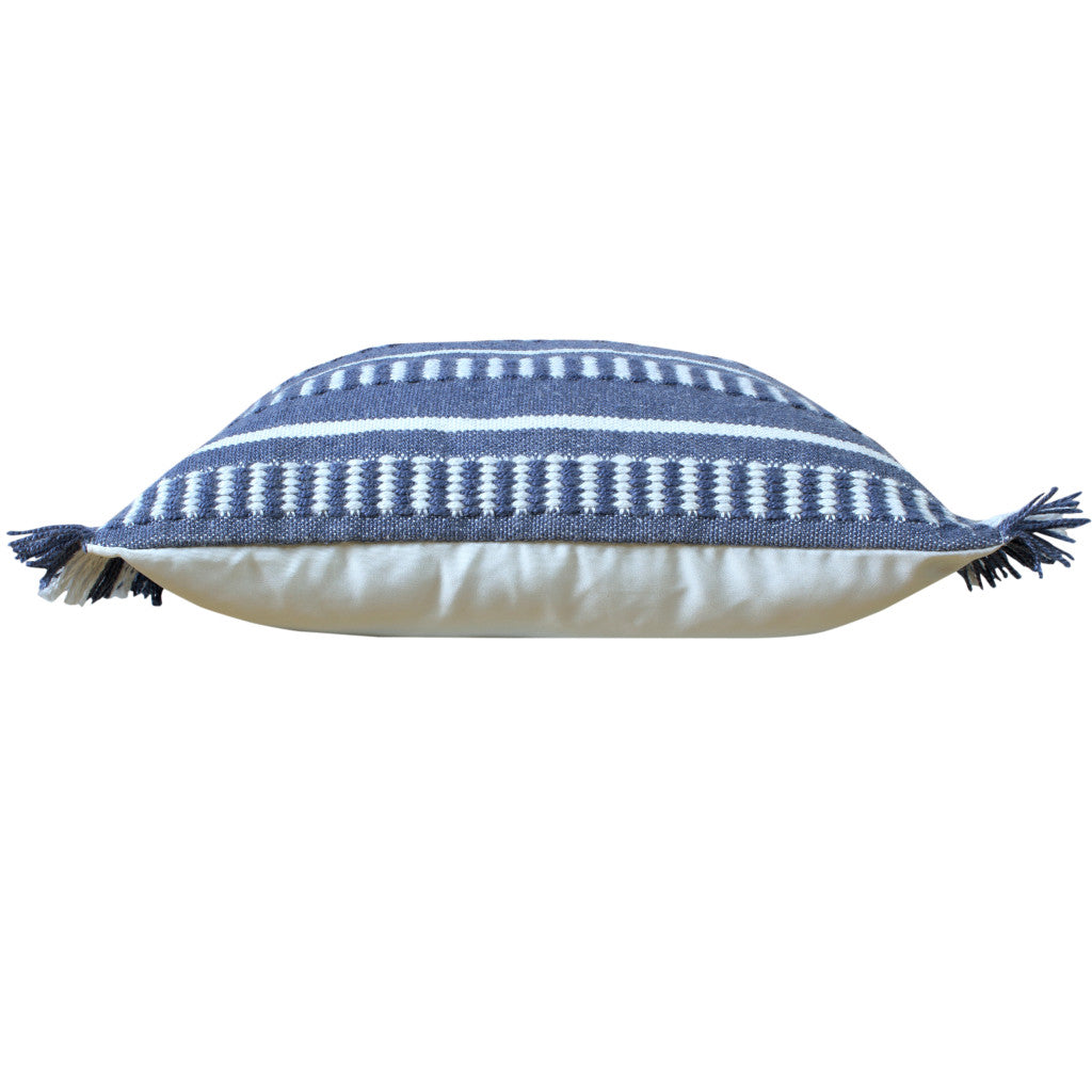 20" Blue and White Striped Indoor Outdoor Throw Pillow With Fringe