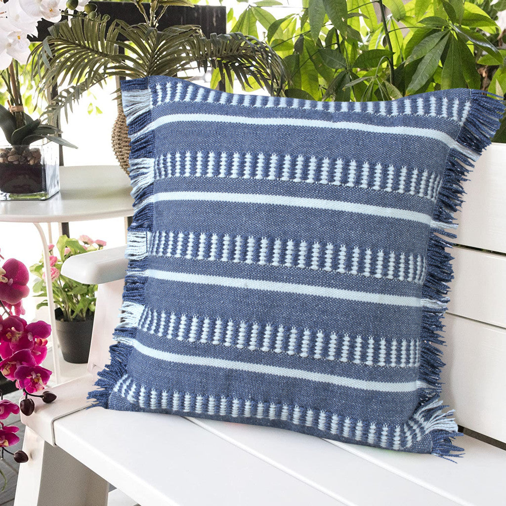 20" Blue and White Striped Indoor Outdoor Throw Pillow With Fringe