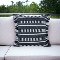 20" Blue and White Striped Indoor Outdoor Throw Pillow With Fringe