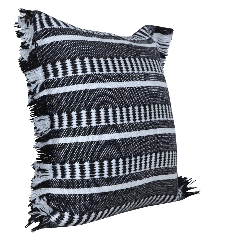 20" Blue and White Striped Indoor Outdoor Throw Pillow With Fringe