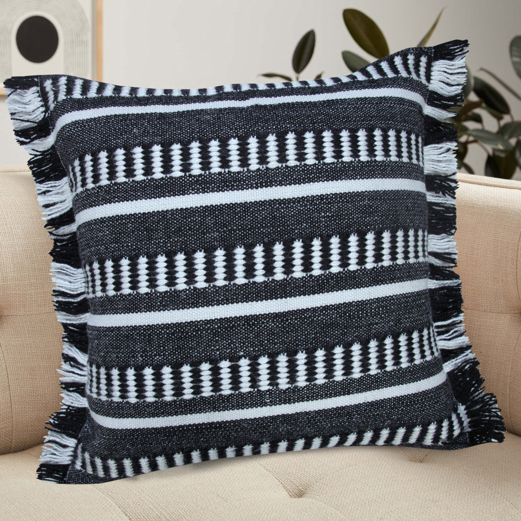 20" Blue and White Striped Indoor Outdoor Throw Pillow With Fringe