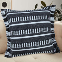 20" Blue and White Striped Indoor Outdoor Throw Pillow With Fringe