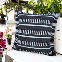 20" Blue and White Striped Indoor Outdoor Throw Pillow With Fringe