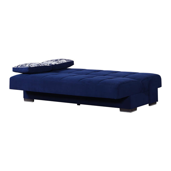 75" Navy Blue Chenille Sleeper Sofa And Toss Pillows With Brown Legs