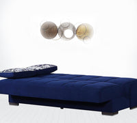 75" Navy Blue Chenille Sleeper Sofa And Toss Pillows With Brown Legs