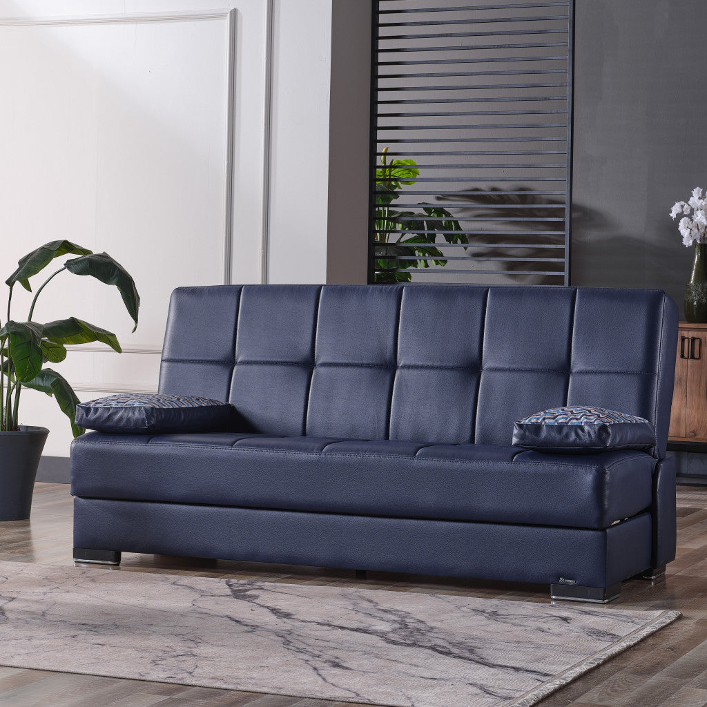 75" Blue Faux Leather Convertible Futon Sleeper Sofa And Toss Pillows With Brown Legs