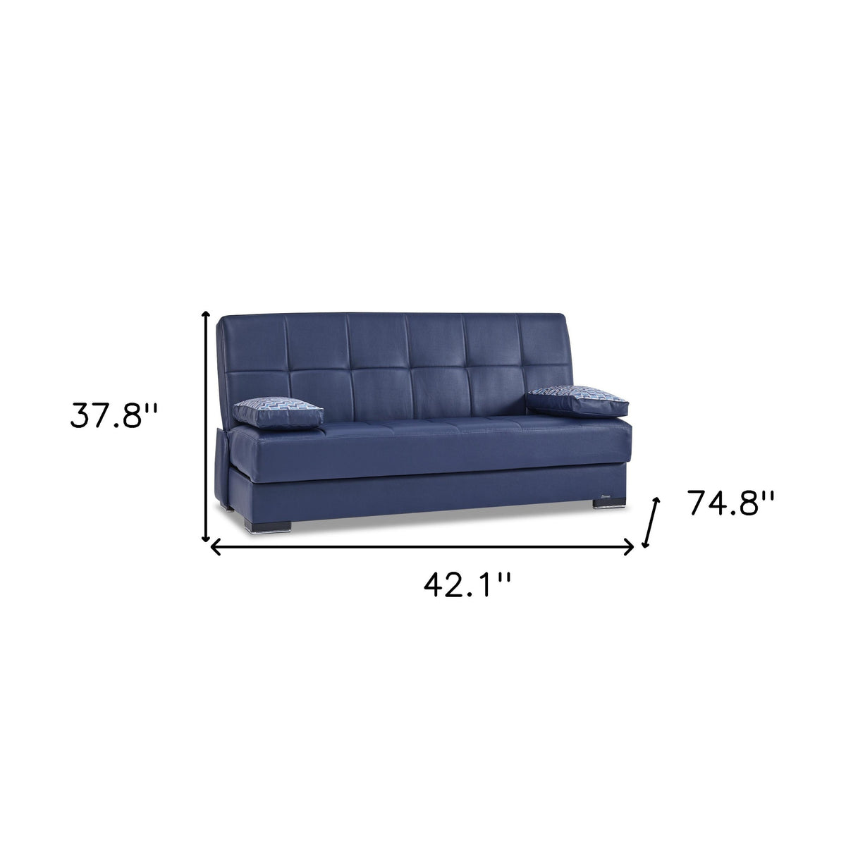 75" Blue Faux Leather Convertible Futon Sleeper Sofa And Toss Pillows With Brown Legs