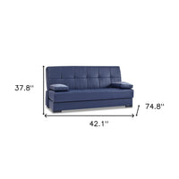 75" Blue Faux Leather Convertible Futon Sleeper Sofa And Toss Pillows With Brown Legs