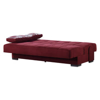 75" Red Chenille Sleeper Sofa And Toss Pillows With Brown Legs