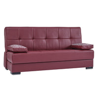 75" Burgundy Faux Leather Convertible Futon Sleeper Sofa And Toss Pillows With Brown Legs