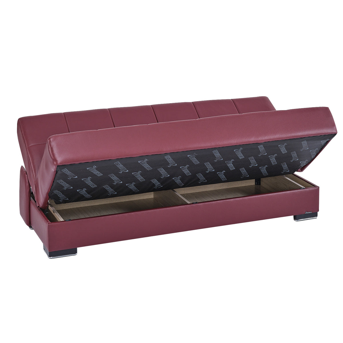 75" Burgundy Faux Leather Convertible Futon Sleeper Sofa And Toss Pillows With Brown Legs