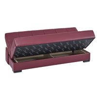 75" Burgundy Faux Leather Convertible Futon Sleeper Sofa And Toss Pillows With Brown Legs