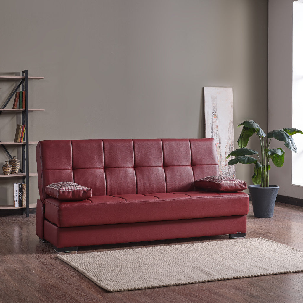 75" Burgundy Faux Leather Convertible Futon Sleeper Sofa And Toss Pillows With Brown Legs