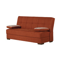 75" Red Chenille Sleeper Sofa And Toss Pillows With Brown Legs