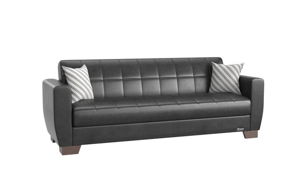 84" Black Faux Leather Sleeper Sleeper Sofa And Toss Pillows With Brown Legs