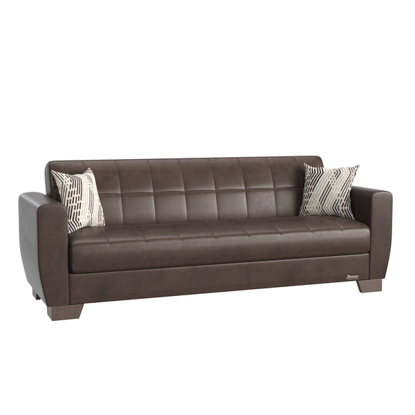 84" Brown Faux Leather Sleeper Sleeper Sofa And Toss Pillows