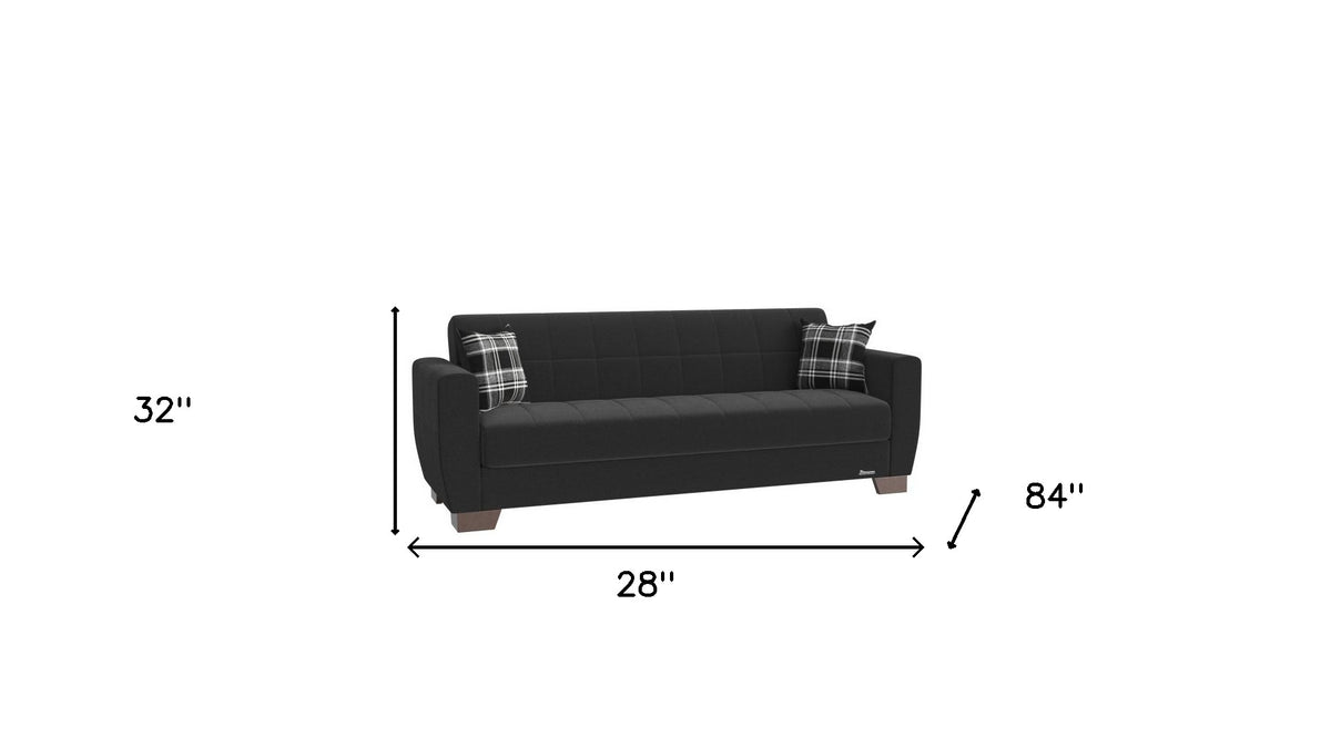 84" Black Chenille Sleeper Sleeper Sofa And Toss Pillows With Brown Legs