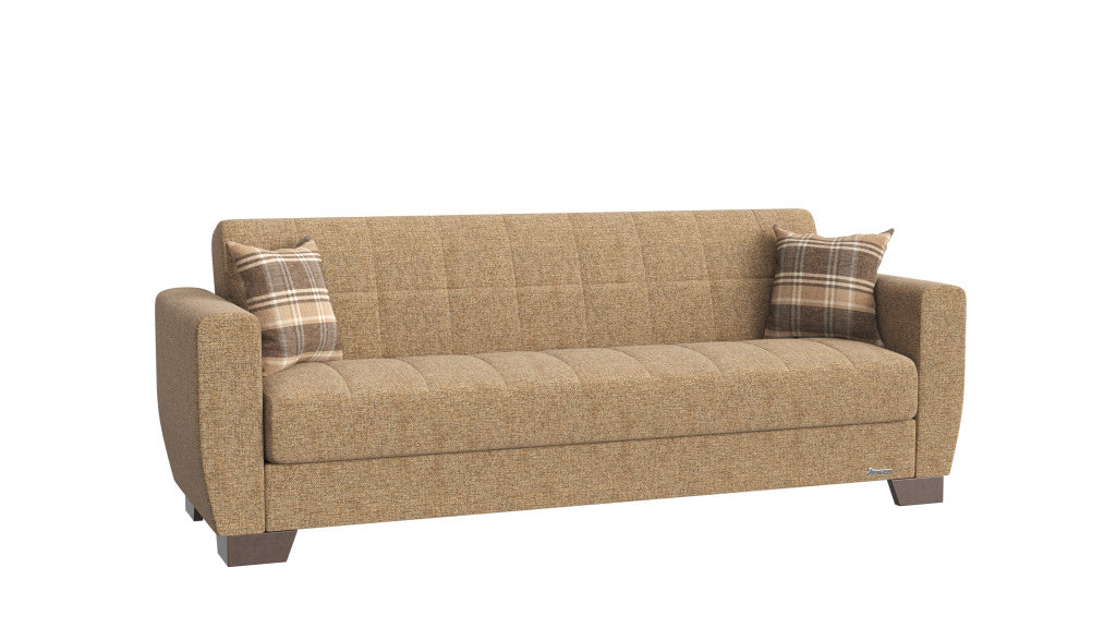 84" Beige Chenille Sleeper Sleeper Sofa And Toss Pillows With Brown Legs