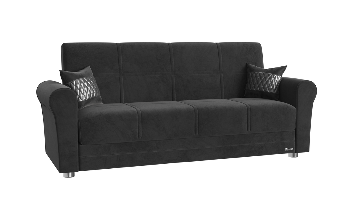 89" Black Microfiber Sleeper Sleeper Sofa And Toss Pillows With Silver Legs