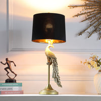 29" Gold Peacock Table Lamp With Black Drum Shade