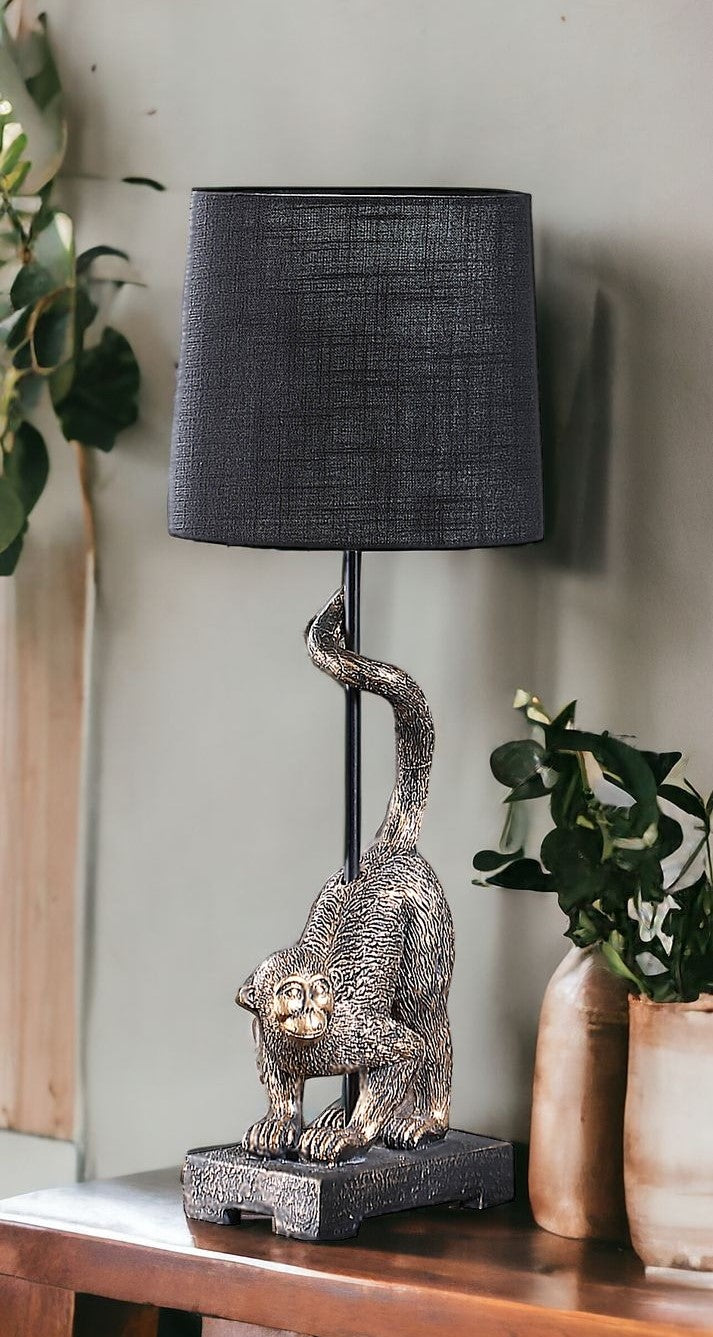 24" Antiqued Gold Monkey Table Lamp With Black Drum Shade