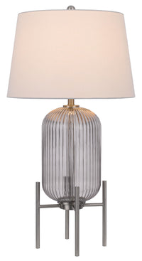 33" Nickel Glass Round Table Lamp With White Empire Shade