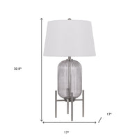 33" Nickel Glass Round Table Lamp With White Empire Shade