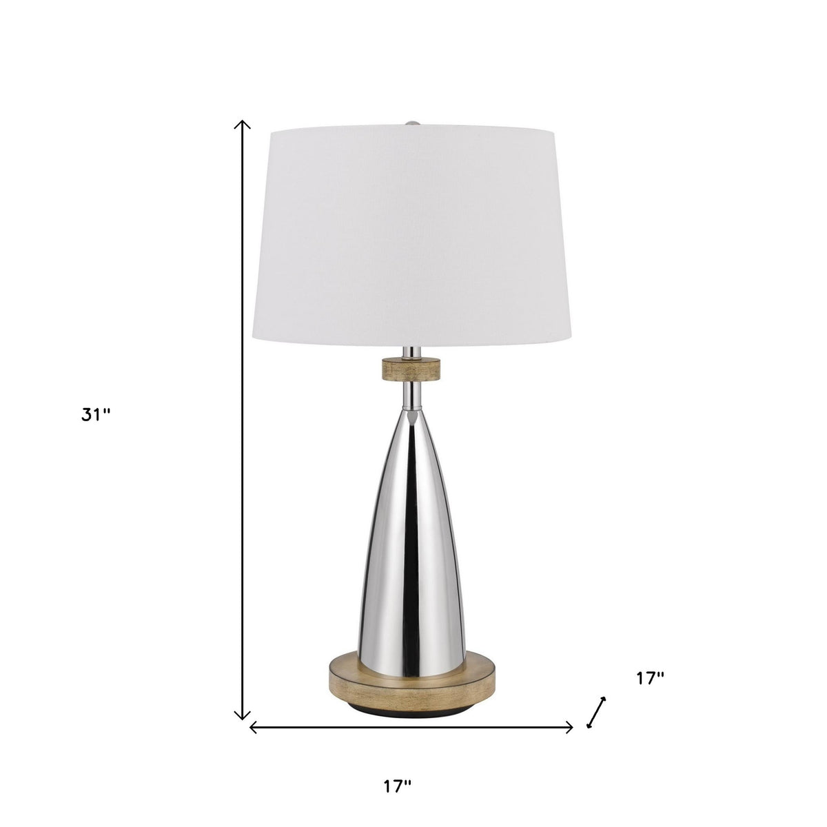 31" Brown Metal Geometric USB Table Lamp With White Empire Shade