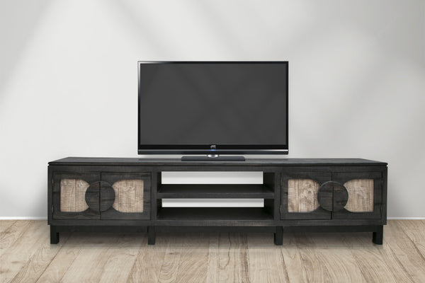 93" Black Solid Wood Cabinet Enclosed Storage Distressed TV Stand