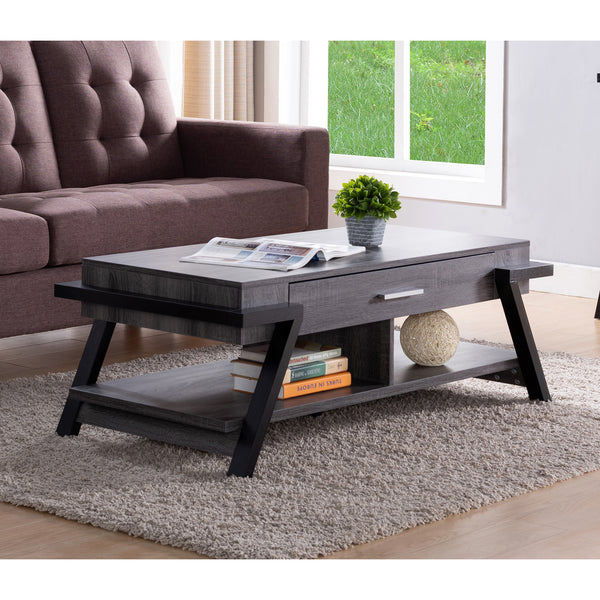 47" Gray And Black Rectangular Coffee Table With Drawer And Shelf