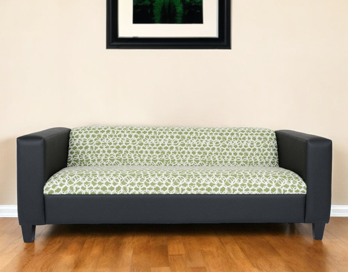 84" Green and White Faux Leather Geometric Sofa With Black Legs