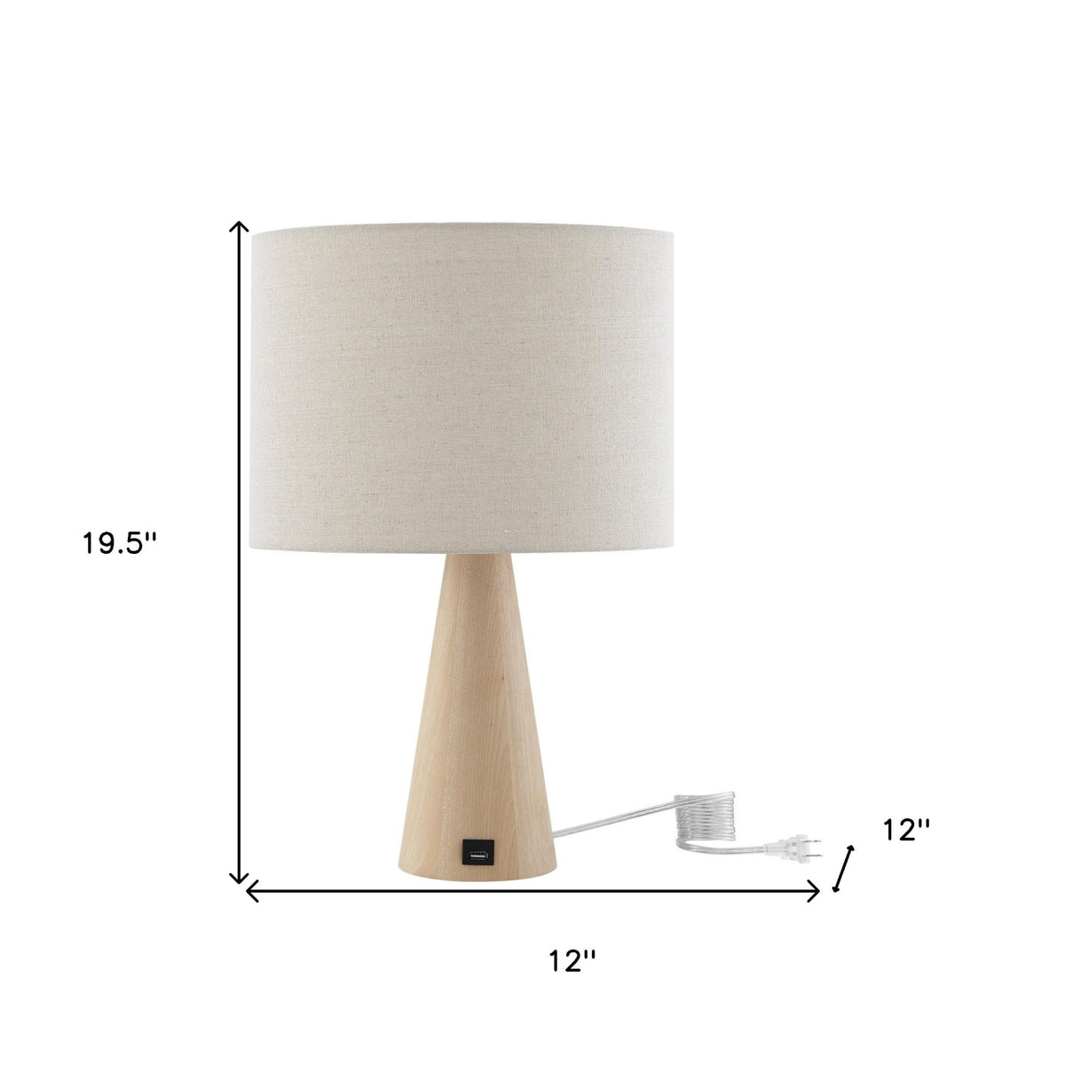 20" Beige Solid Wood USB Table Lamp With Beige Drum Shade